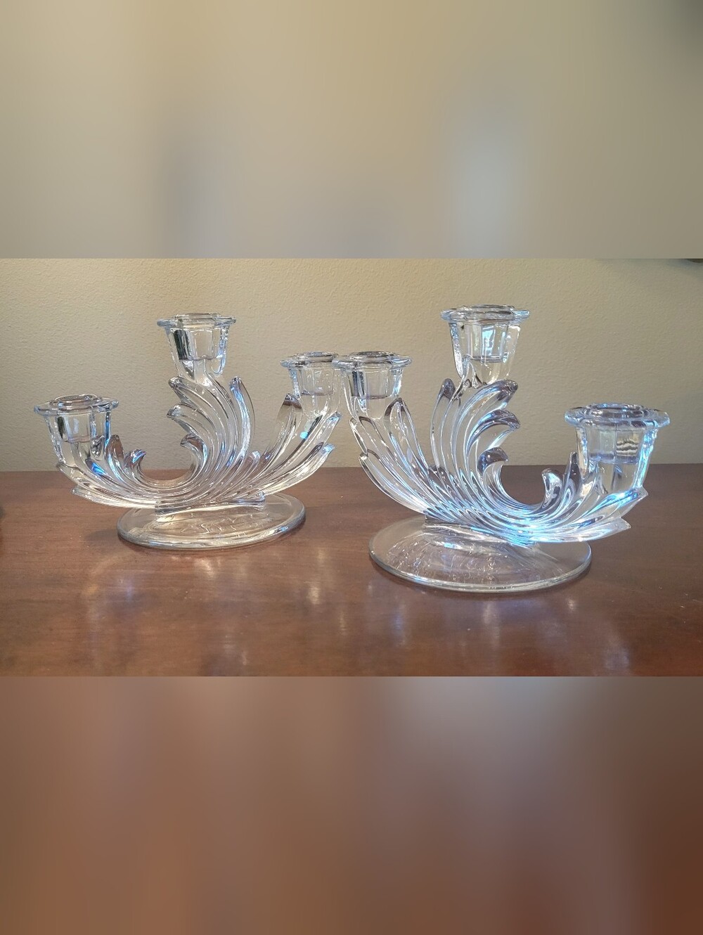 Set Of 2 Fostoria Baroque Triple Candlestick Clear Crystal Waves Heavy Elegant